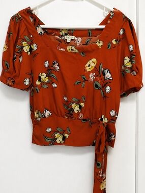 Lily White Rust Floral Tie-Front Blouse